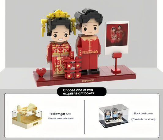 A pair of custom Chinese wedding-themed LEGO minifigures against a backdrop of a giant red "double happiness" character, making it a unique newlywed gift or wedding anniversary gift