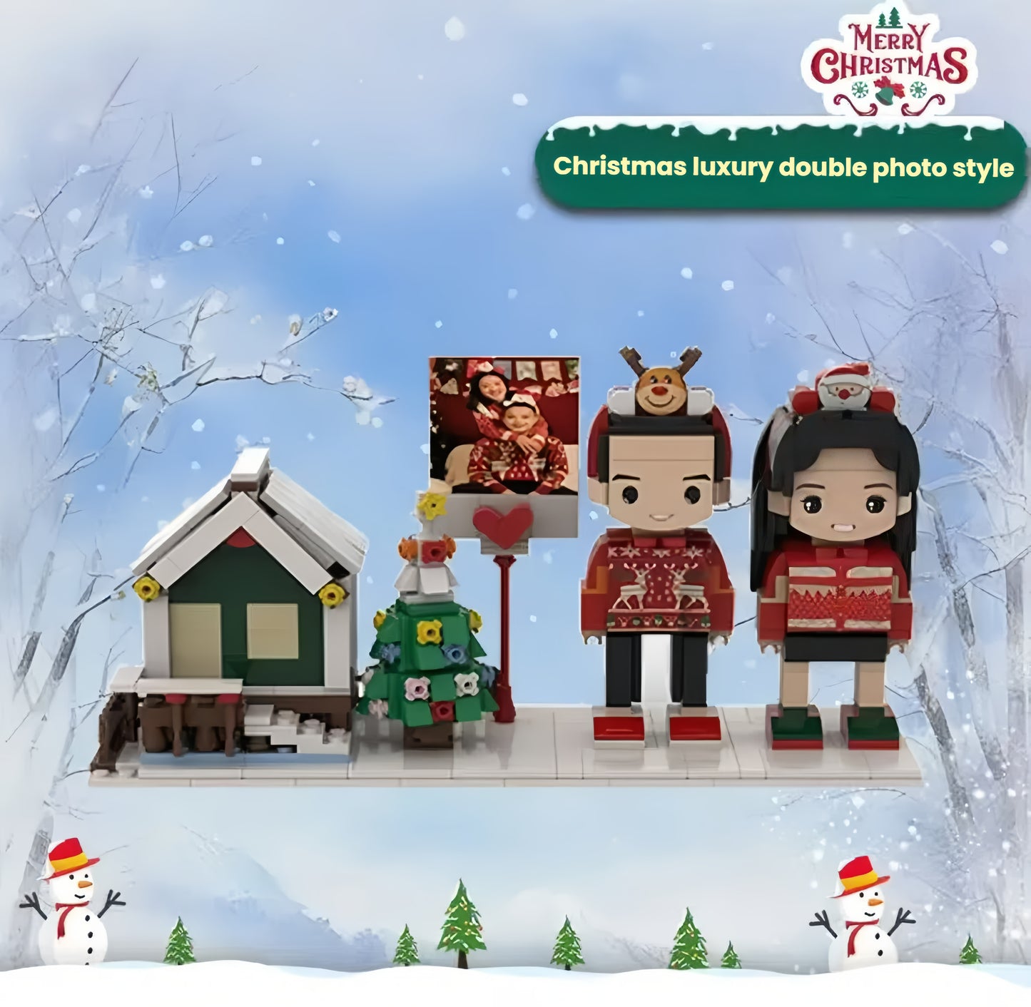 A customized Christmas couple Lego portrait brick set, featuring two personalized minifigures with a festive Christmas tree and a cozy house in the background.