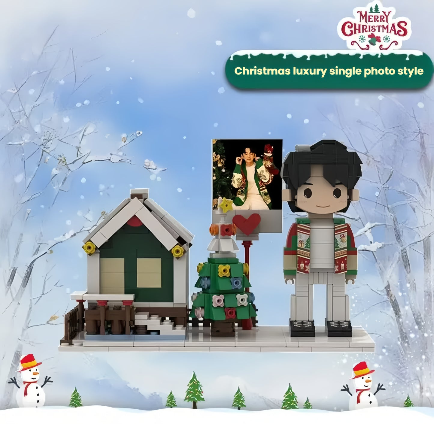 A custom Christmas portrait Lego brick figure of one person, with a Christmas tree and house in the background.