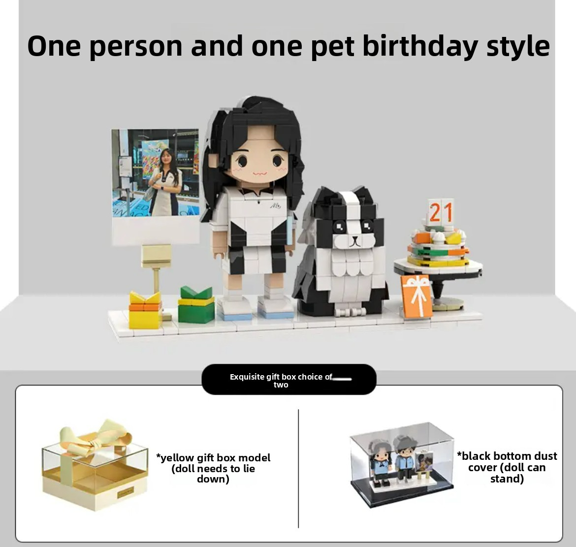 A custom Lego birthday portrait of a person and their beloved cat, celebrating with a birthday cake and gift boxes. This unique personalized gift is the perfect surprise for cat lovers, pet owners, or anyone celebrating a birthday with their furry family member.