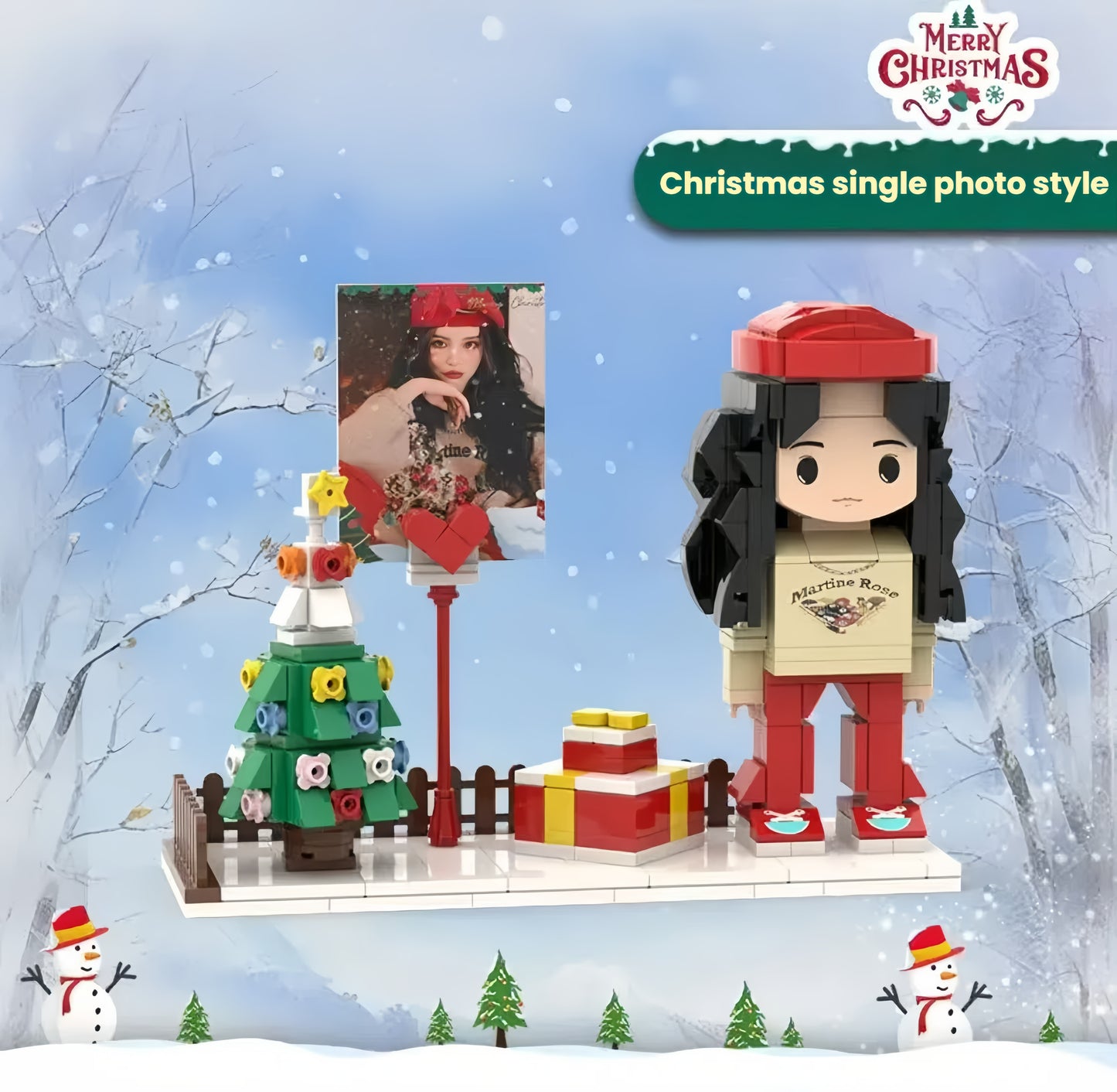 A custom-made, one-of-a-kind Christmas-themed Lego portrait figure for you, set against a background decorated with an exquisite Christmas tree and gift box.
