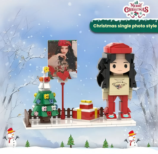 A custom-made, one-of-a-kind Christmas-themed Lego portrait figure for you, set against a background decorated with an exquisite Christmas tree and gift box.