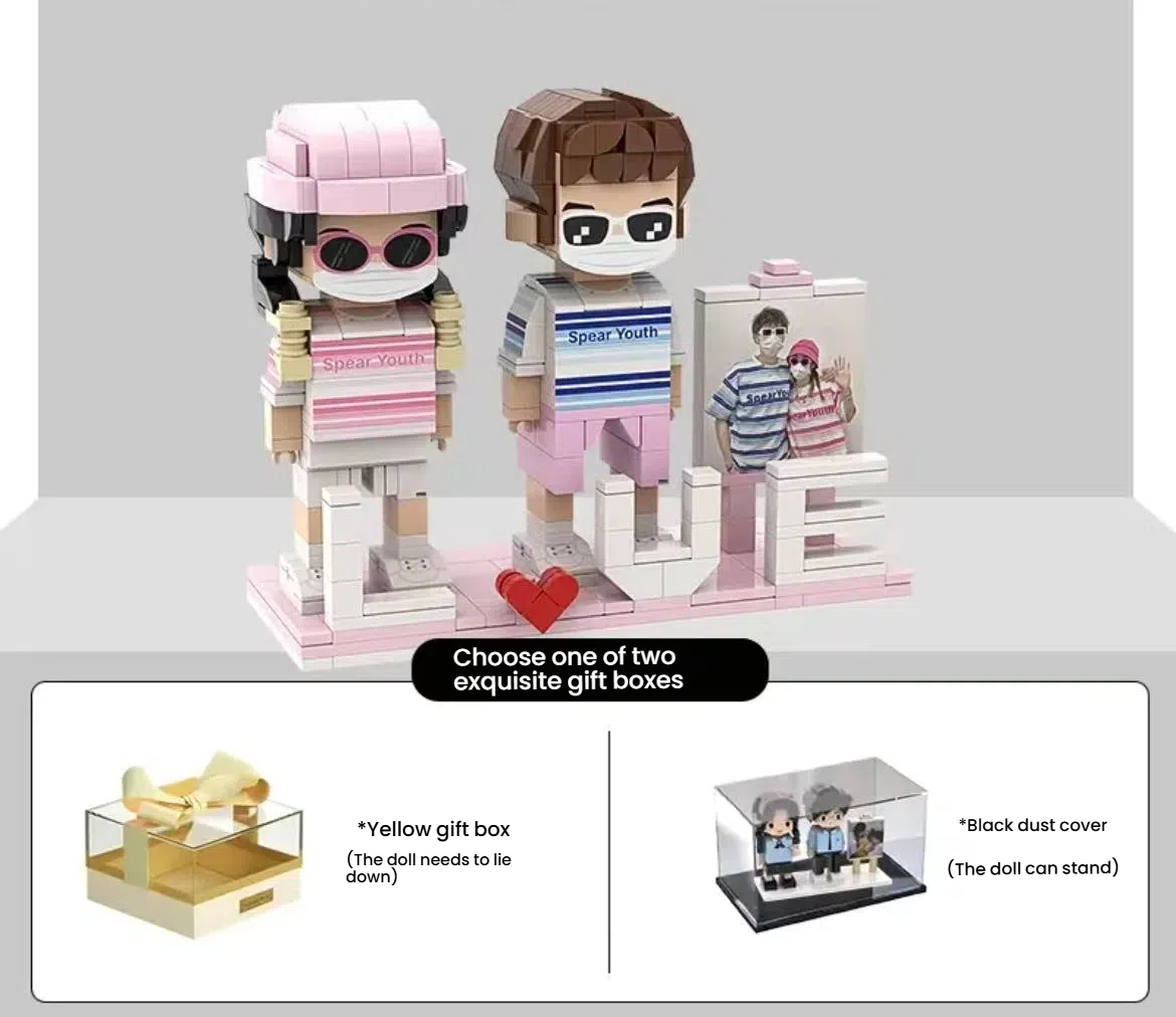 Personalized custom couple lego minifigures with ‘LOVE’ letters, perfectly capturing a sweet moment, served as a romantic birthday or valentine‘s day gift.
