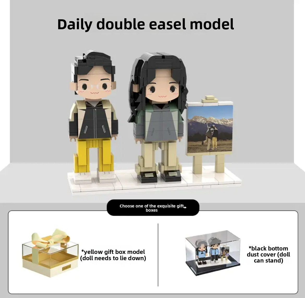 A pair of meticulously custom-made lego-style couple portrait bricks, wearing personalized outfits with smiles, served as a romantic gift for Valentine‘s Day, anniversaries, or weddings.