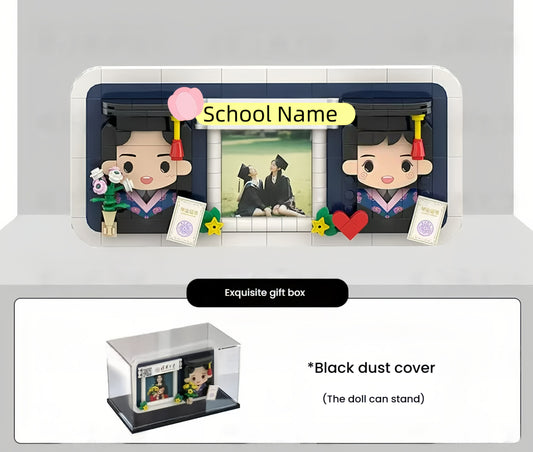 Customized graduation commemorative building blocks for two, a unique gift for best friends or campus couples. Two figures in bachelor's gowns stand side by side, celebrating their academic success.