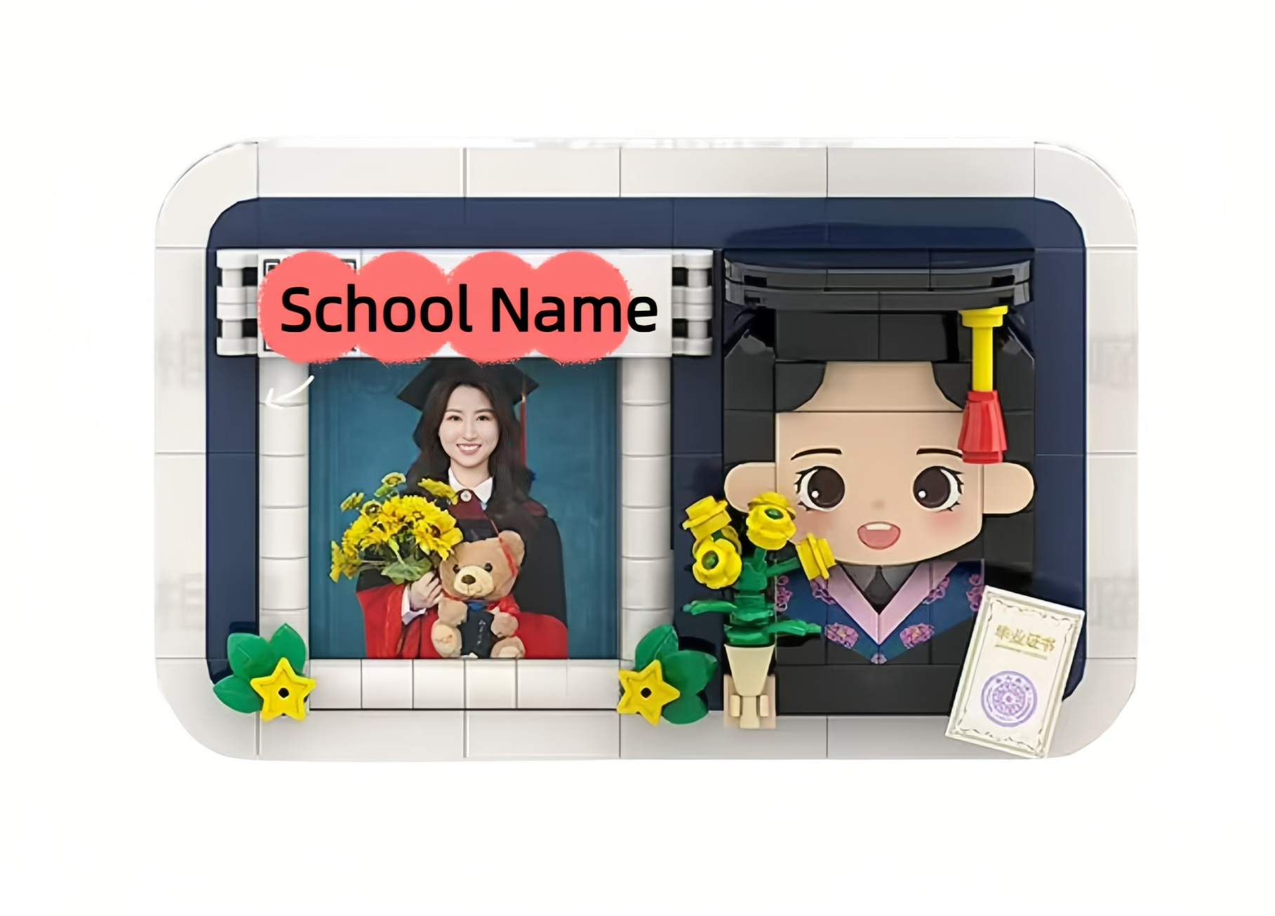 Personalized portrait building blocks for university graduates, wearing a bachelor's gown and holding a diploma, can be placed on a desktop for display.