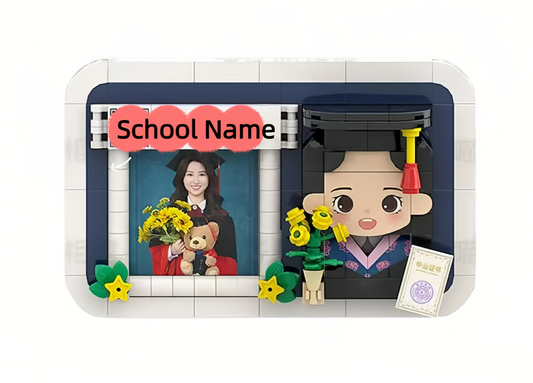 Personalized portrait building blocks for university graduates, wearing a bachelor's gown and holding a diploma, can be placed on a desktop for display.