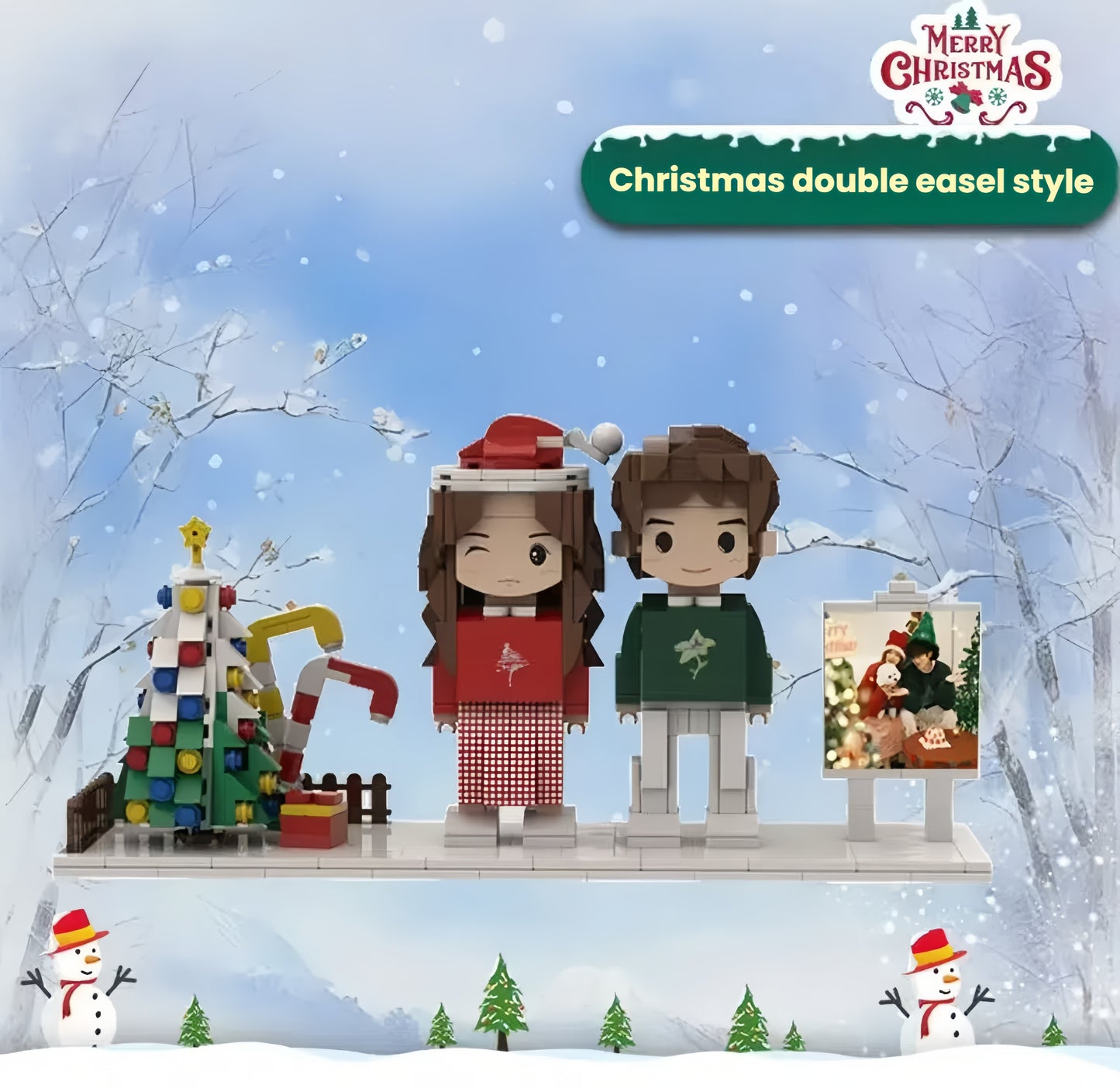 Customized dual Christmas building block portrait, set against a luxuriously decorated Christmas tree background—the perfect personalized Christmas gift.