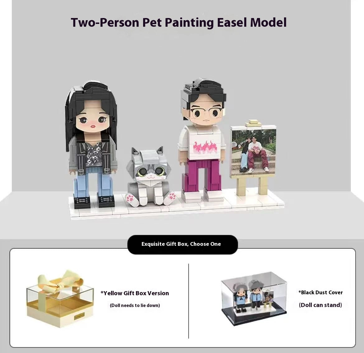 Personalized Lego-style portrait building blocks of a couple with their pet cat. A unique anniversary or Valentine's Day gift for cat lovers