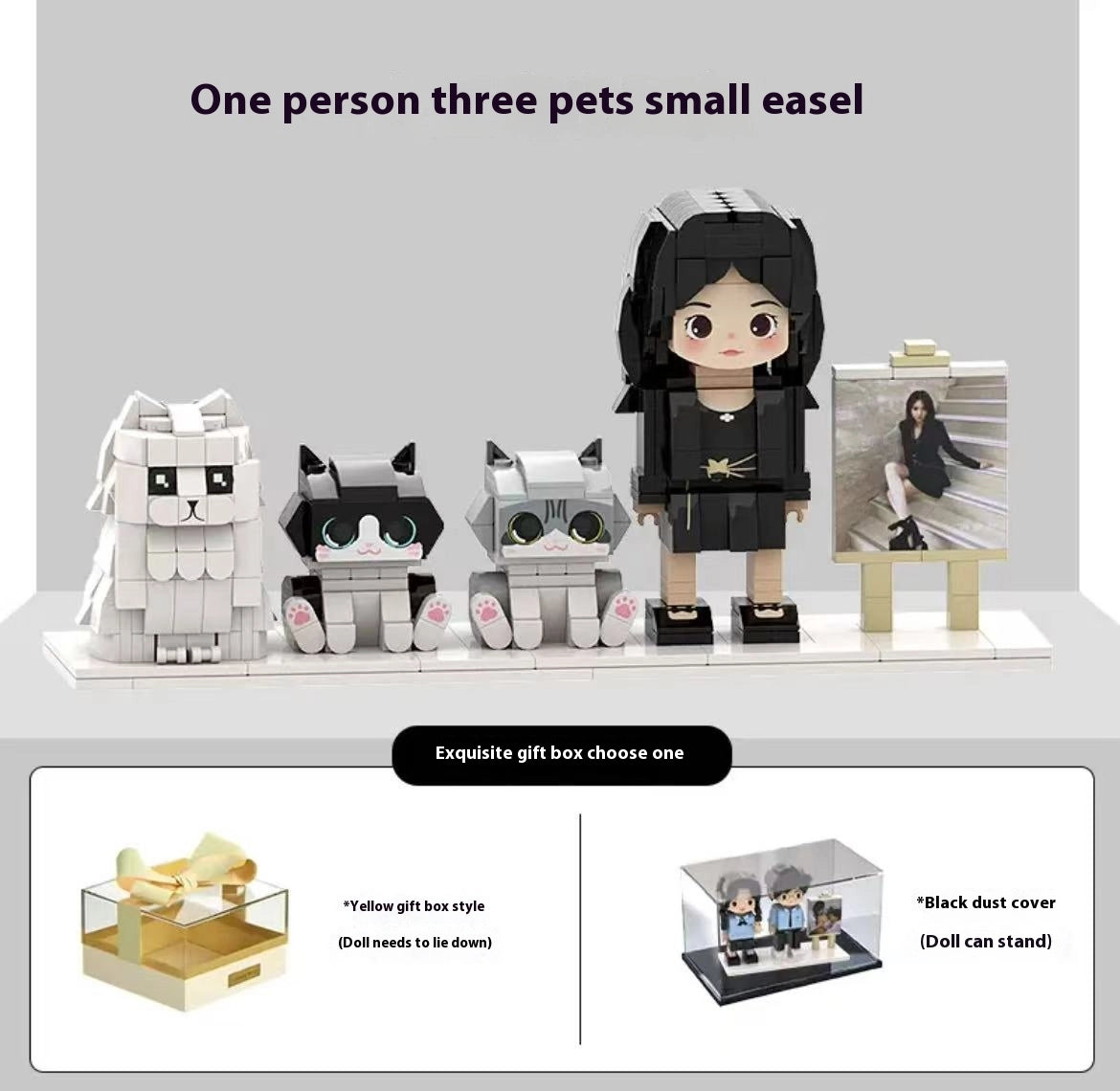 A highly customized building block portrait set depicting an owner and his/her three beloved cats. The product is made of high-quality materials with exquisite details, making it a perfect gift for pet owners