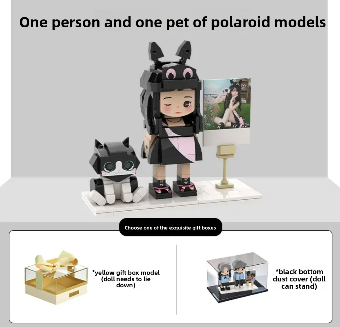 A custom Lego portrait of a person with their beloved pet cat. This personalized minifigure set makes a unique gift for cat lovers, pet owners, and anyone who wants to celebrate the special bond with their feline friend.