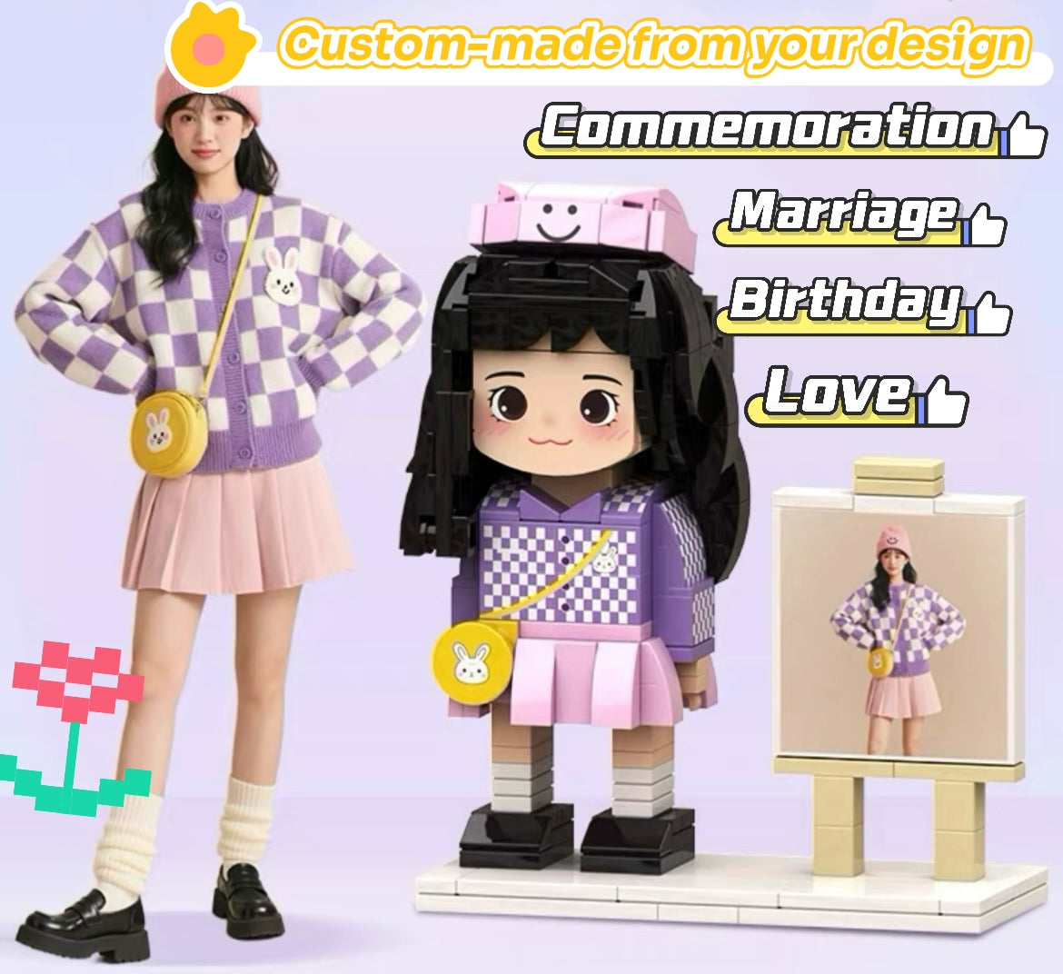 Collection of custom Lego portraits and personalized minifigure gifts. Showcasing our unique handmade building block sets perfect for birthdays, anniversaries, wedding gifts, and special occasions for him, her, kids, and families.