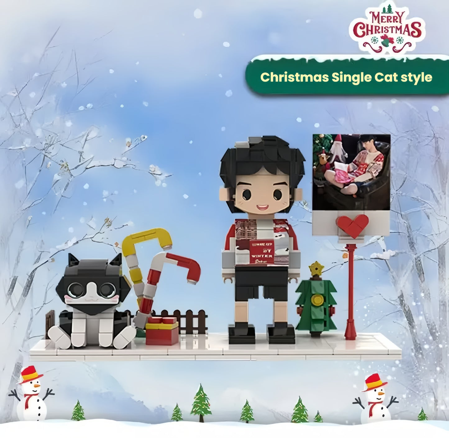 Custom Christmas LEGO set with a cat, surrounded by Christmas trees and festive gifts, is the perfect personalized Christmas gift idea.