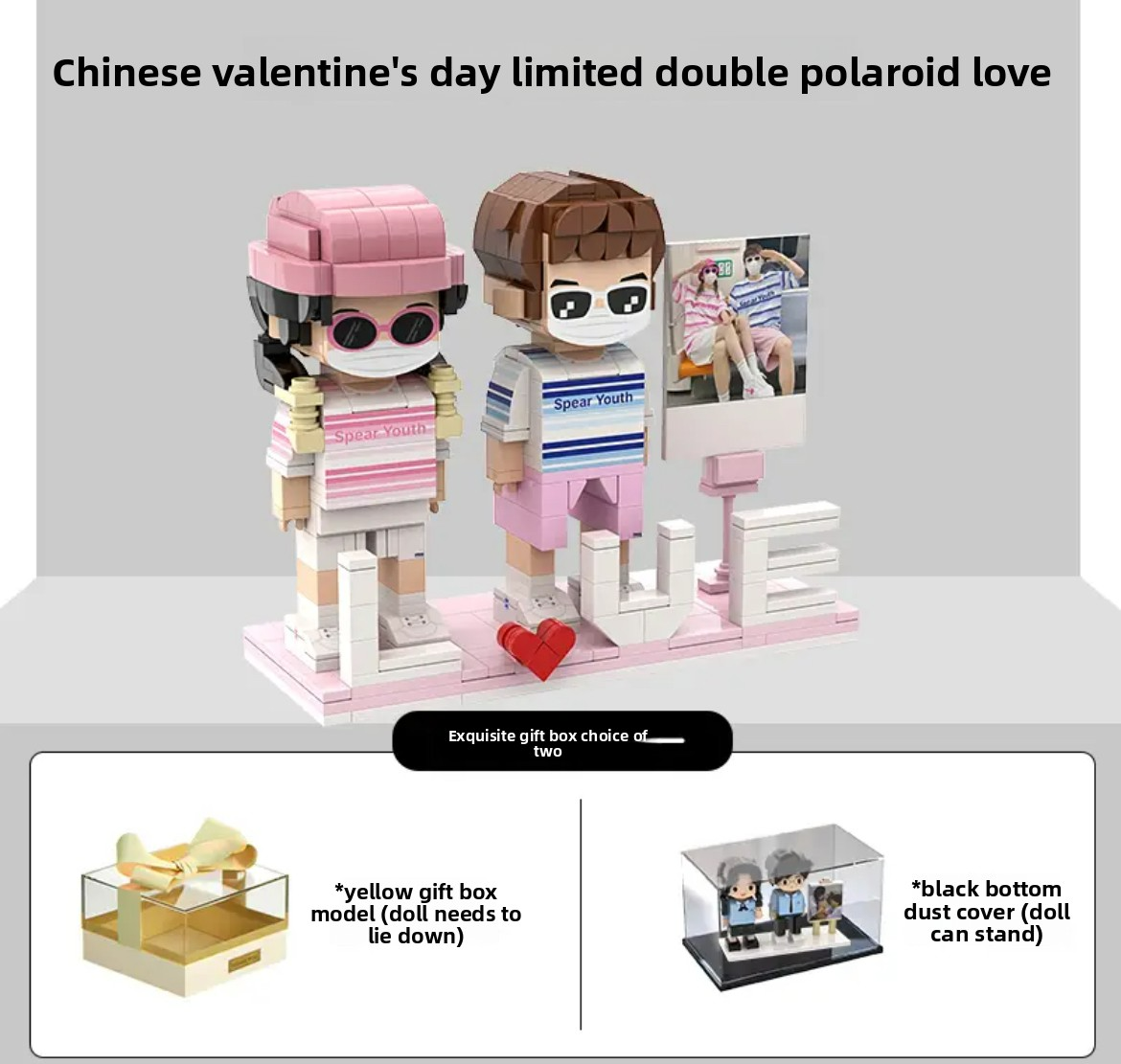 A custom couple lego portrait set, featuring a sweet pose with a red ‘LOVE’ brick sign in the center, as a unique anniversary or wedding gift.