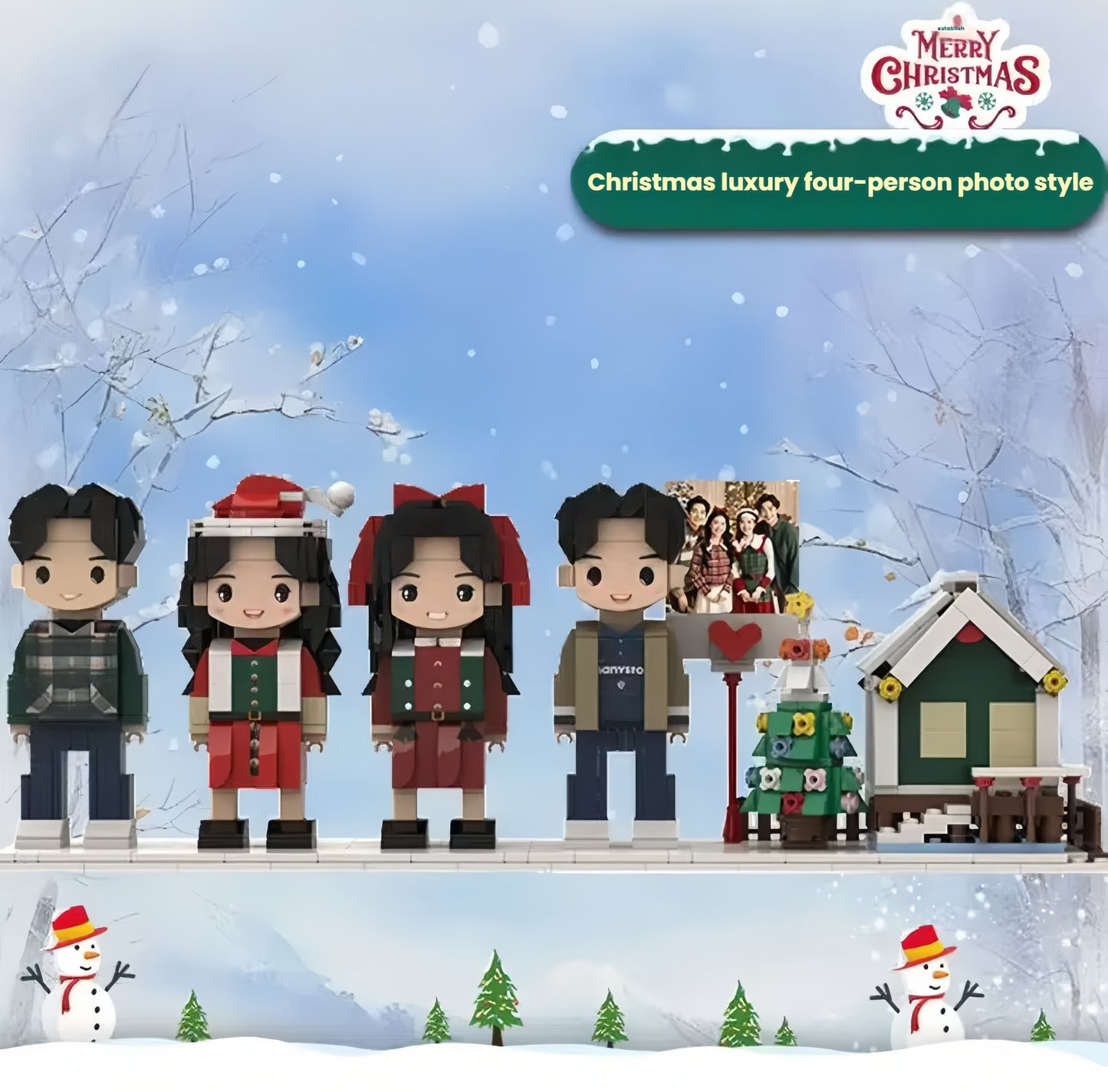 A personalized family portrait brick set placed in front of the Christmas tree and house, creating a unique holiday keepsake and Christmas gift.