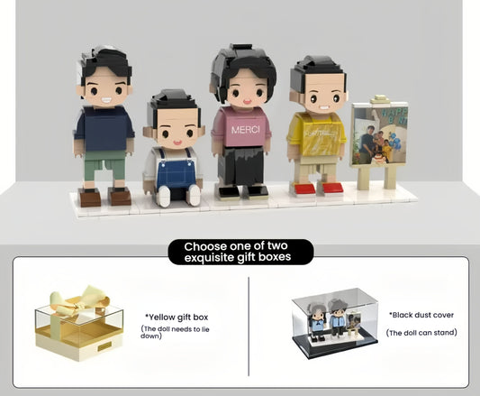 A custom Lego brick set of a family of four, featuring smiling parents and two children. Designed as a warm home decor piece and timeless keepsake.
