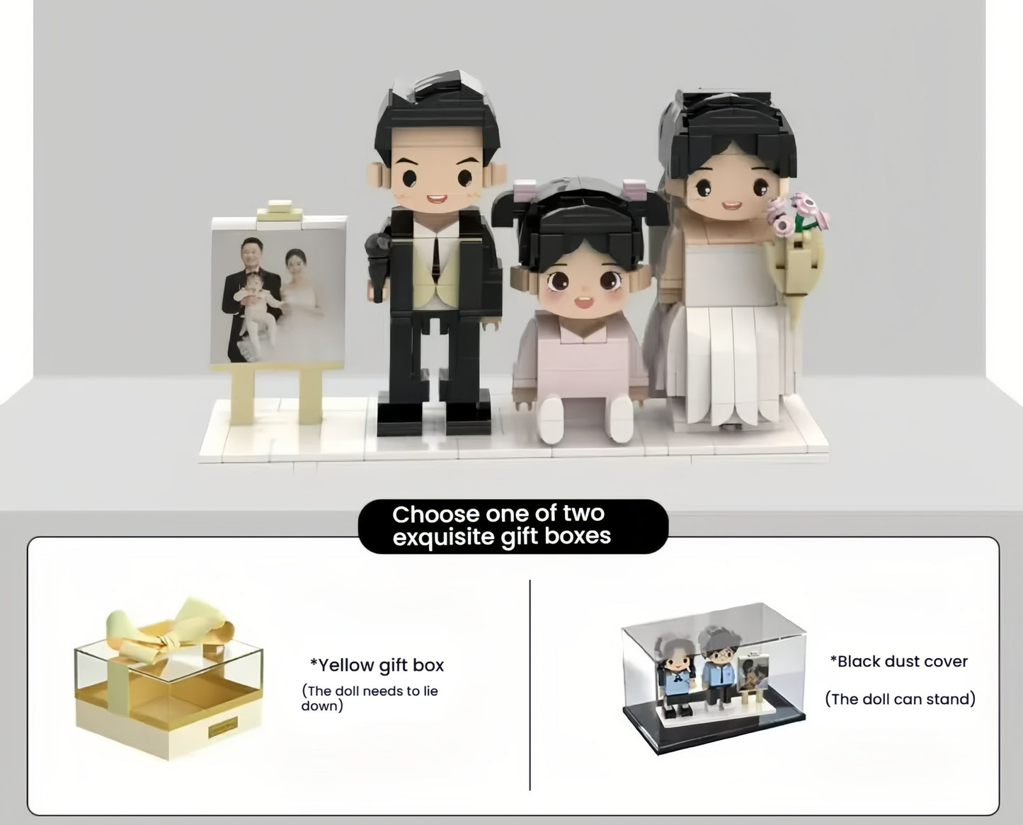 Custom Lego portrait of a happy family of three (parents and one child), capturing a heartwarming moment of family love. The perfect personalized keepsake gift for families.