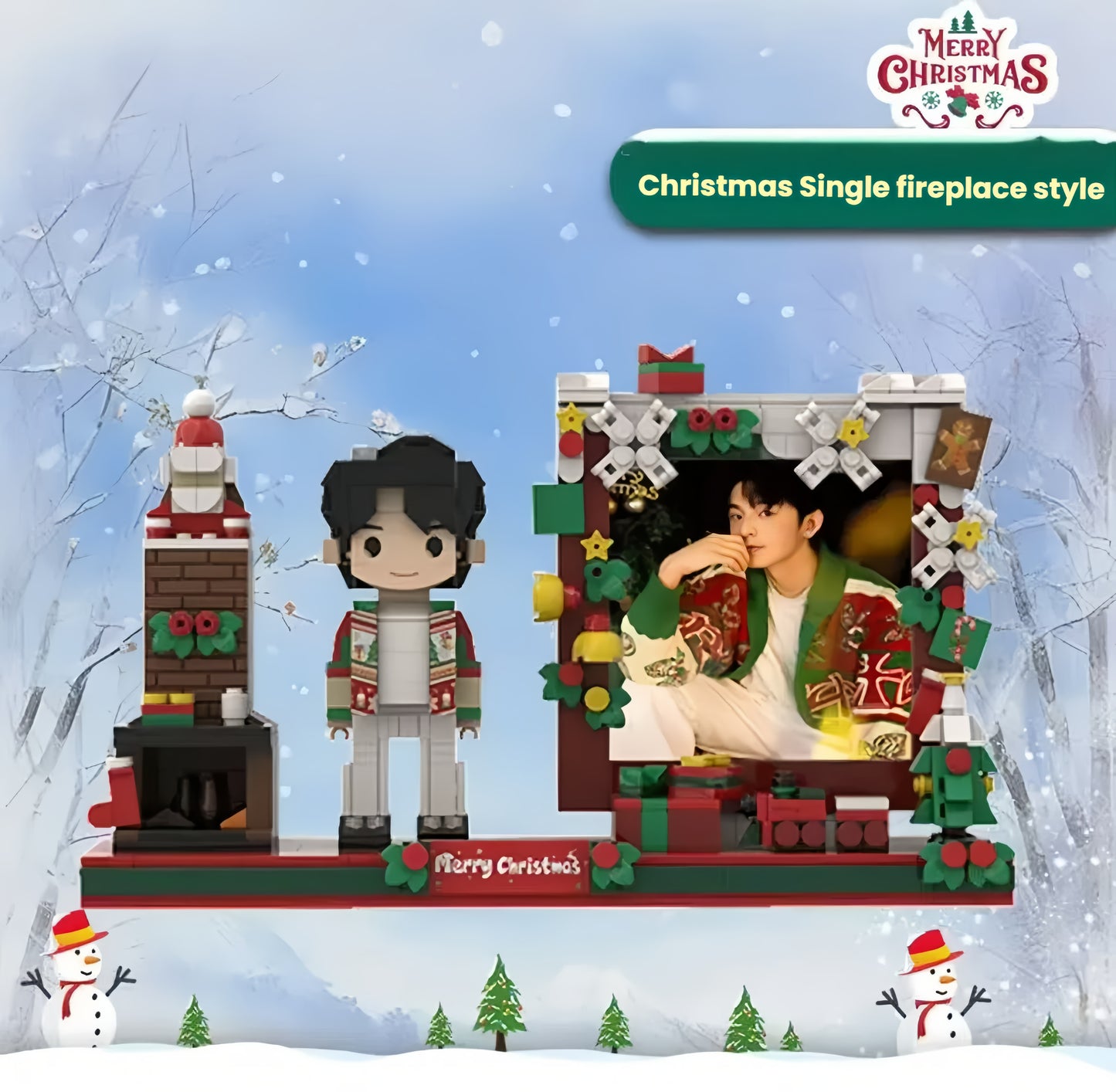 A customized Christmas-themed portrait building block with a background featuring a Christmas chimney and a building block photo frame, which can hold photos, making it the perfect personalized Christmas gift.
